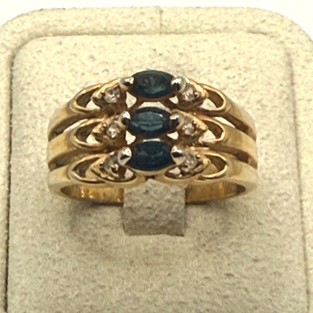 Gold Tone Triple Row Marquise Blue Stone Ring Size 9.5